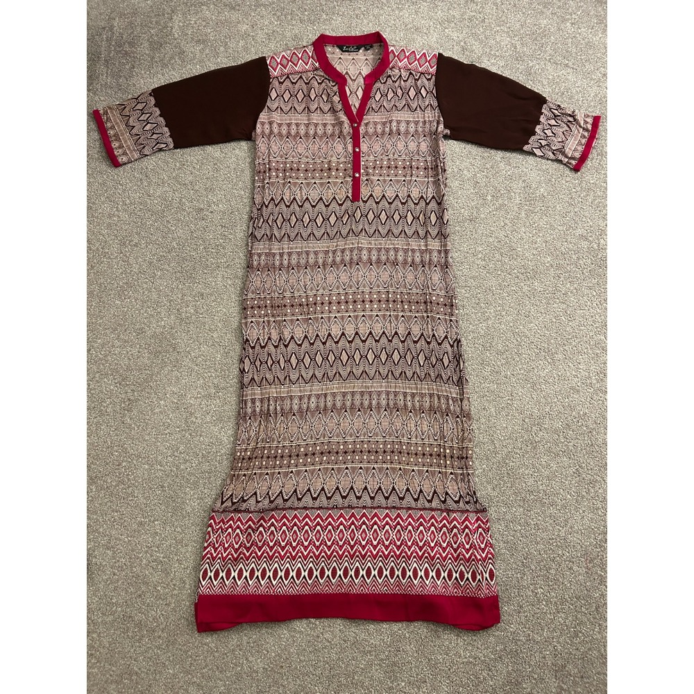 South Asian Kameez Inis Kurti Tunic Women XXL Brown Magenta Excellent Geometric‎